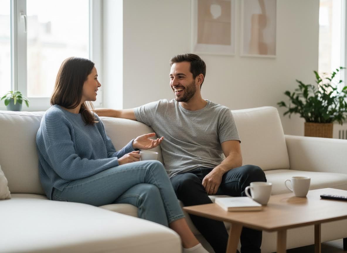 two friends sitting on a couch talking
