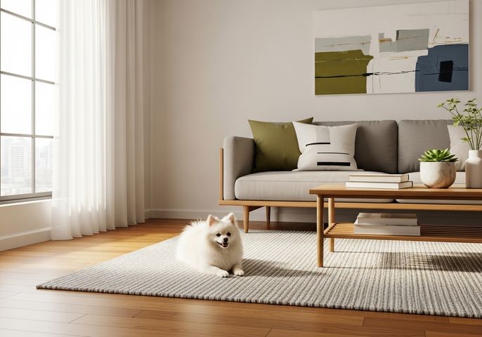 Clean, modern apartment living room with a calm dog lying on a rug