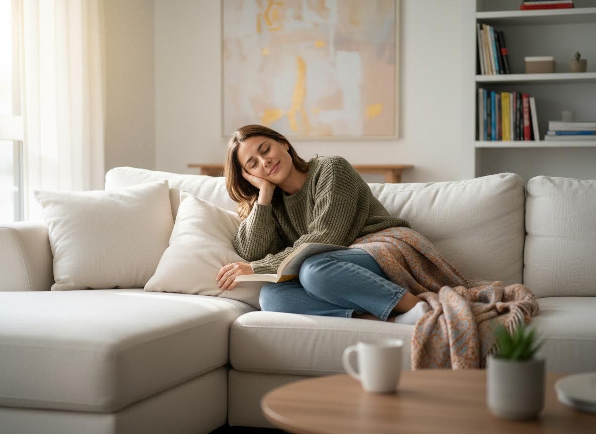 resting comfortably on a couch