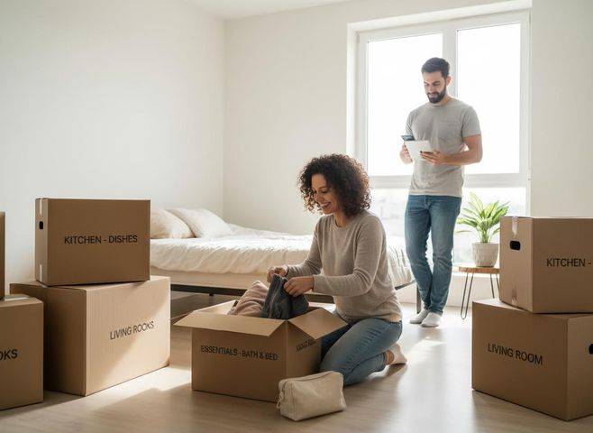 A smiling woman kneels to unpack a box labeled 'ESSENTIALS - BATH & BED' as a man checks a list, surrounded by moving boxes in a bright room. Couple Unpacking Moving Boxes in New Home