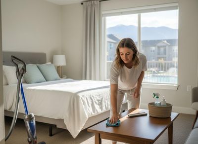 A woman in casual clothes wipes a wooden coffee table with a blue cloth in a sunlit room, with a bed and vacuum cleaner nearby. Woman cleaning a coffee table in a bright bedroom