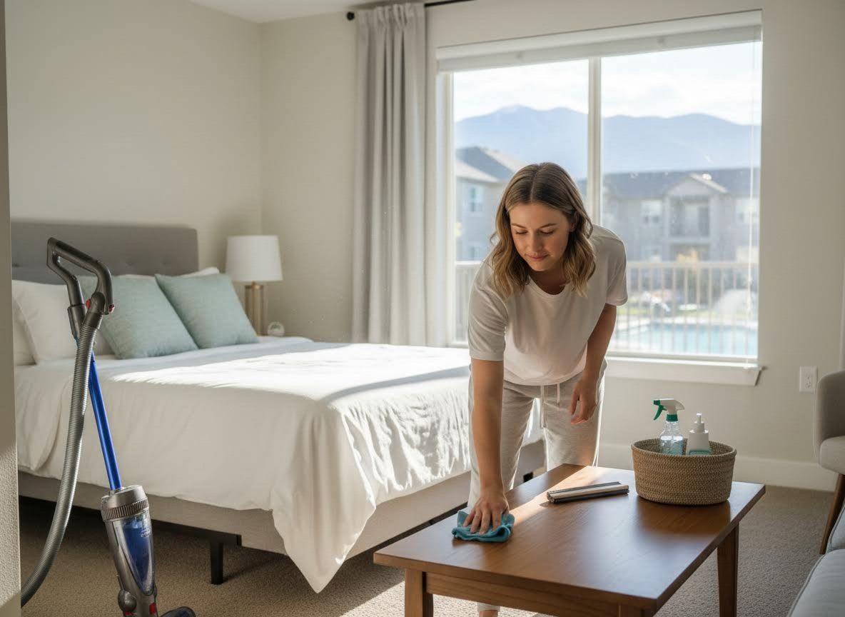 Woman cleaning a coffee table in a bright bedroom