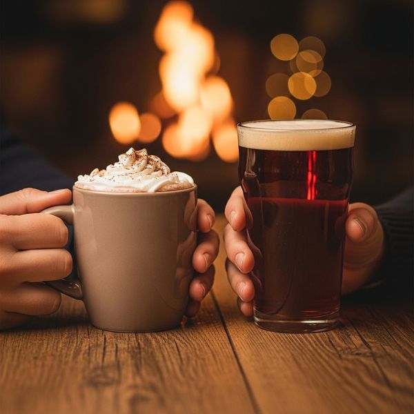 Two hands holding drinks in a cozy, warm-lit setting