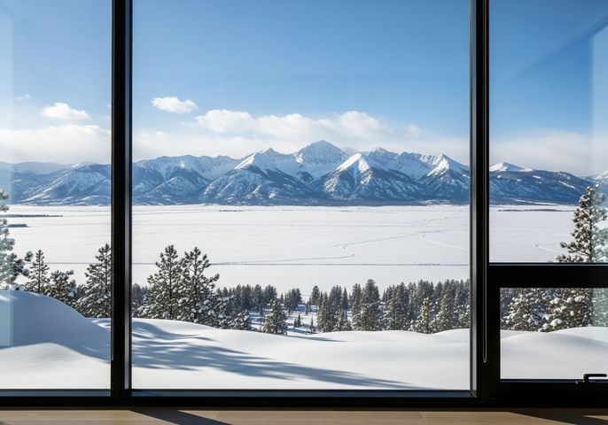 snow-capped Rocky Mountain range visible through a large, modern apartment window snow-capped Rocky Mountain range visible through a large, modern apartment window