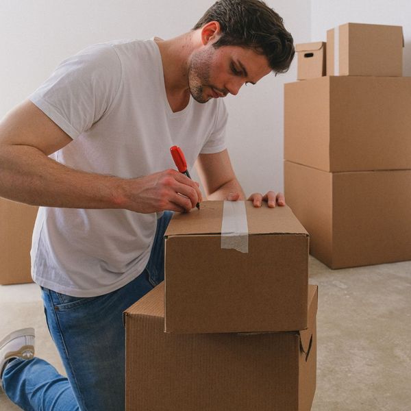 man labeling a box