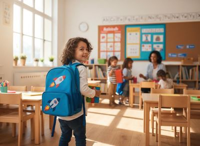 child wearing a backpack into a classroom