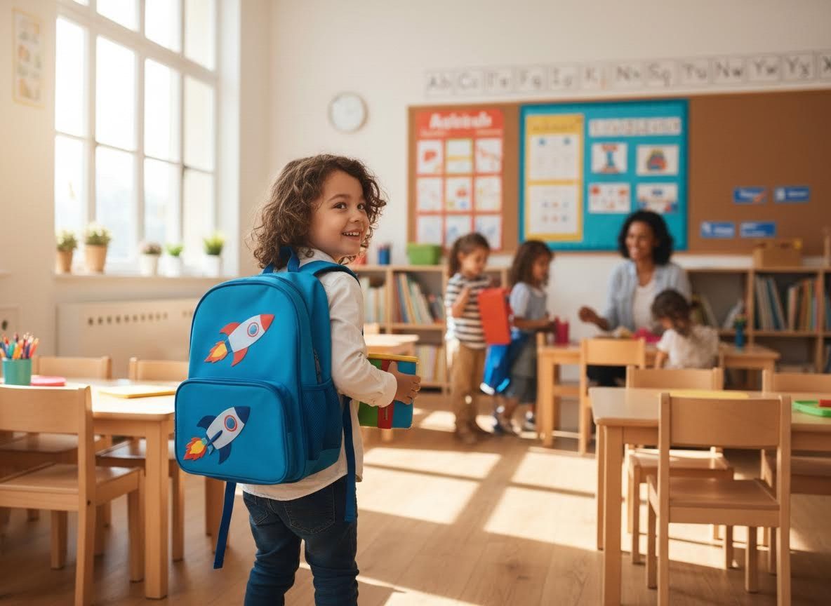 child wearing a backpack into a classroom