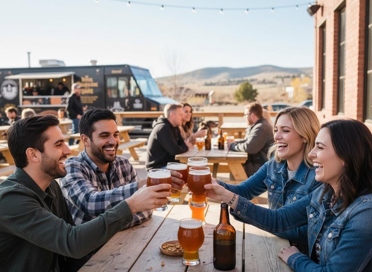 Friends Toasting with Beer at Outdoor Brewery