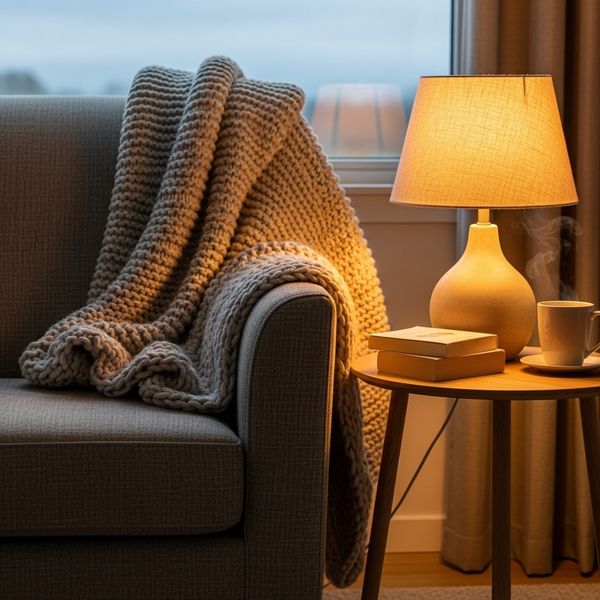 Armchair with a draped blanket next to a table lamp, emphasizing cozy ambient lighting and textiles.