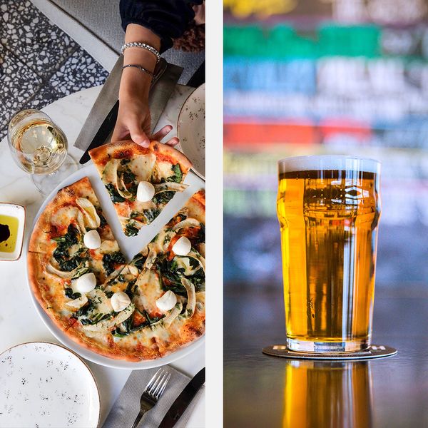A collage of images of a woman holding an artisan slice of pizza and a craft beer closeup