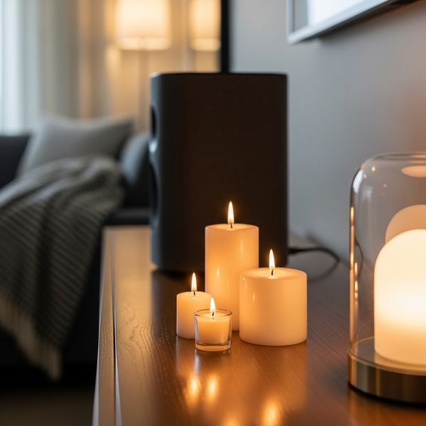 Close-up of lit candles and soft lighting to create a cozy apartment ambiance