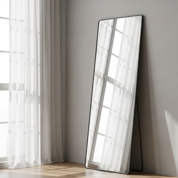 Large leaning floor mirror reflecting light from a window in a bright apartment room.