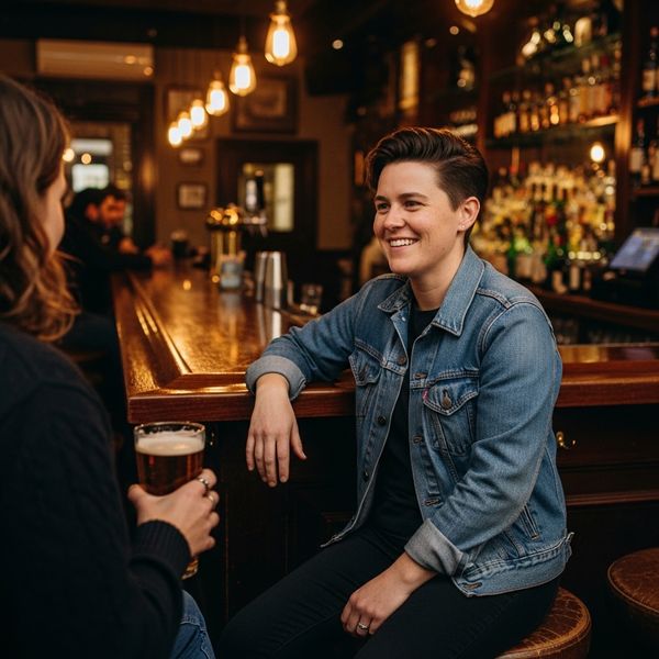 person sitting on a bar stool talking to a friend