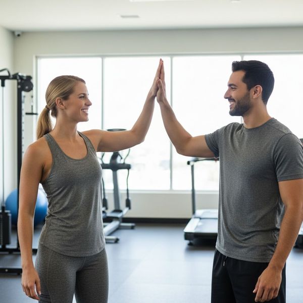 Two residents celebrating a completed workout in the apartment complex fitness center. Two residents celebrating a completed workout in the apartment complex fitness center.