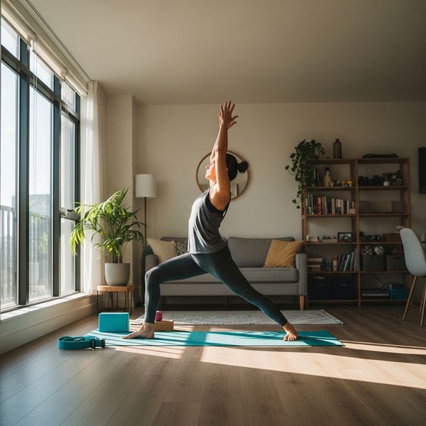 a person using a yoga mat in an apartment