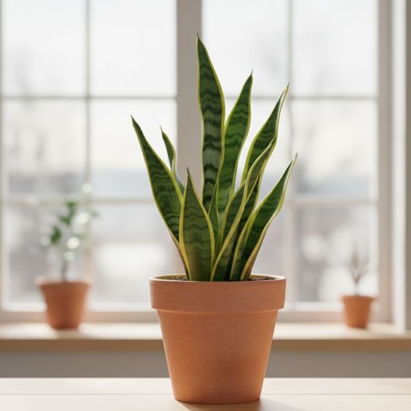A healthy snake plant on a light wooden table