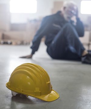 A hardhat and worker on the floor after a fall