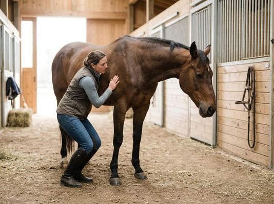 Woman petting a brown horse in a stable