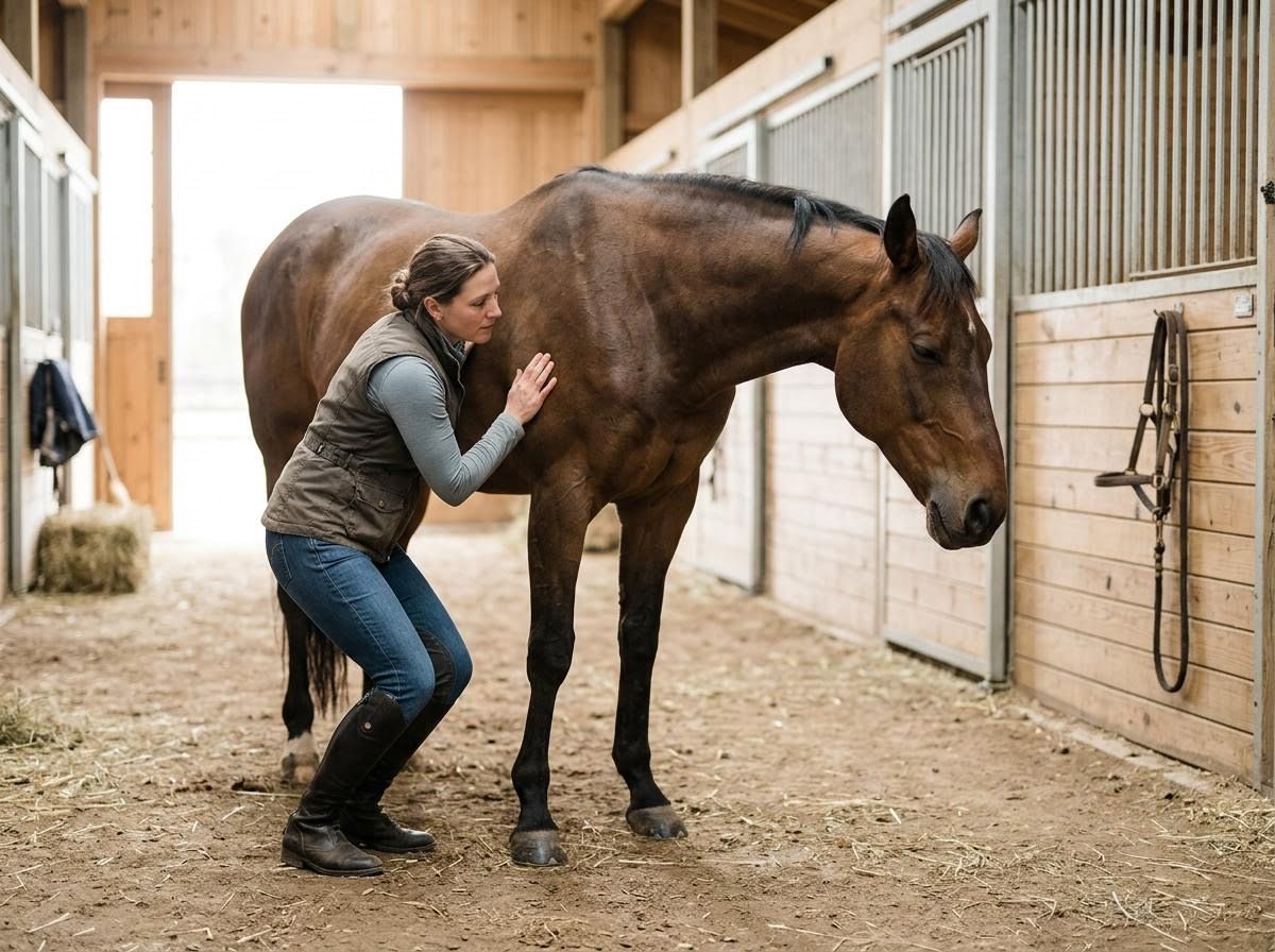 Woman petting a brown horse in a stable