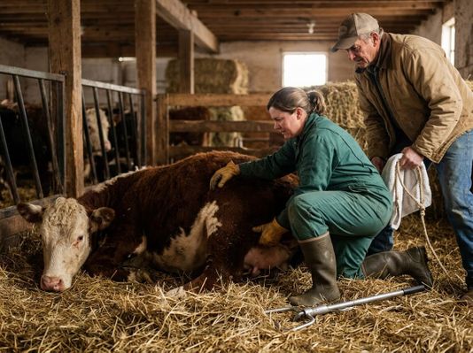 Farmers assist a cow during calving in a rustic barn