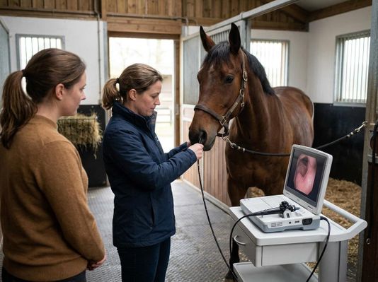 An equine veterinarian performs an endoscopic examination on a brown horse in a stable, with the internal view displayed on a monitor. Veterinarian performing an endoscopy on a horse