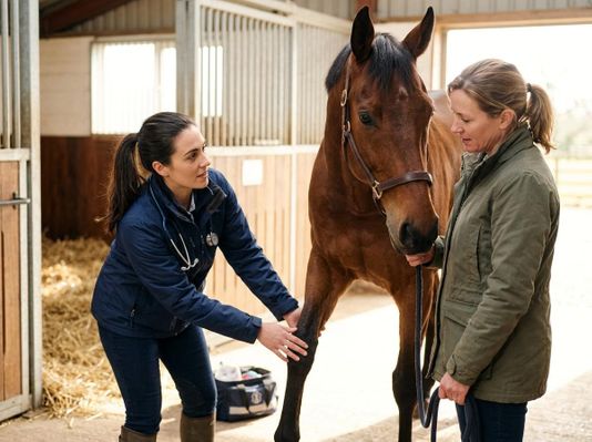 Veterinarian Examining a Horse in a Stable