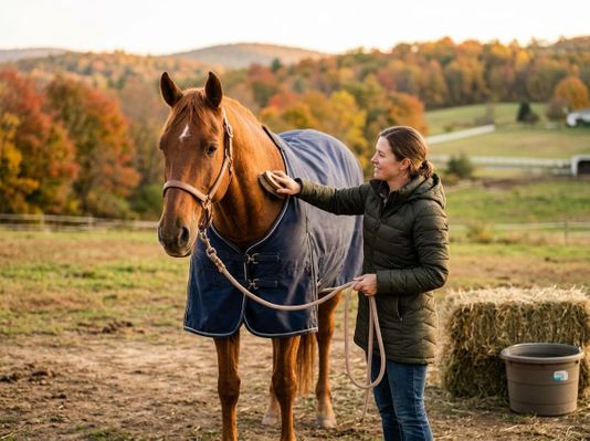 Woman Grooming Horse in Autumn Field