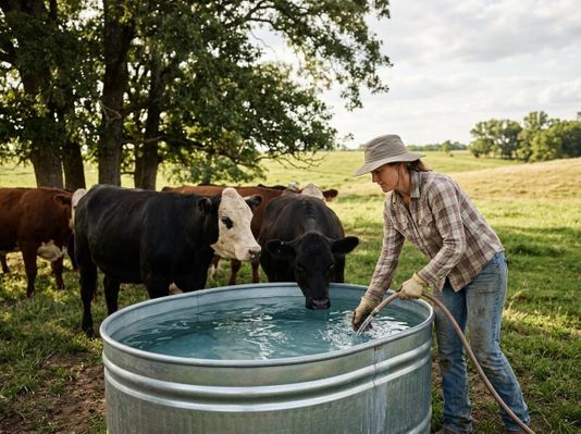 Farmer watering cattle in a pasture