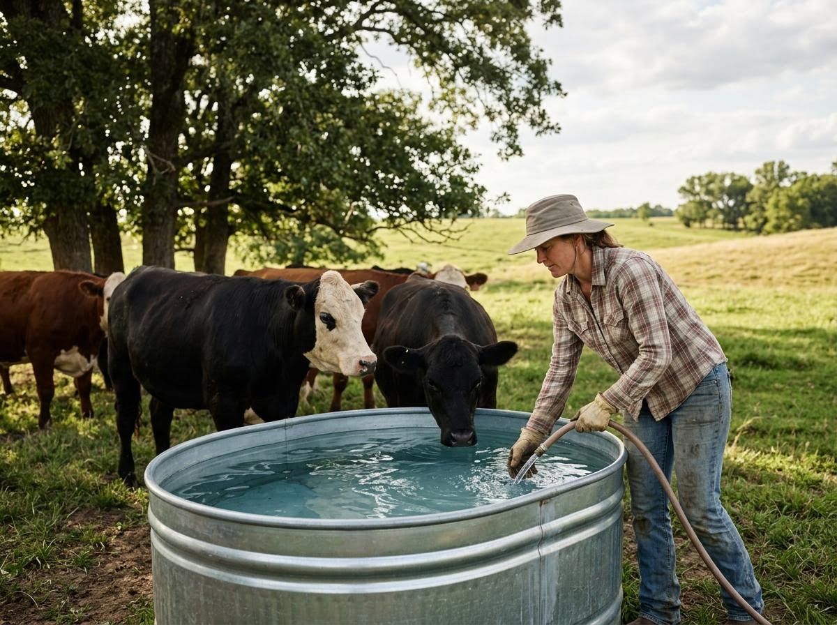 Farmer watering cattle in a pasture