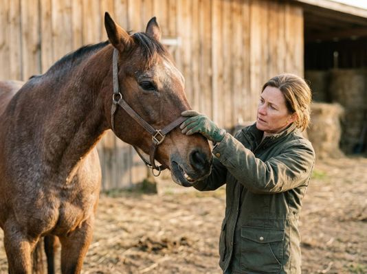 Woman Adjusting Horse's Bridle