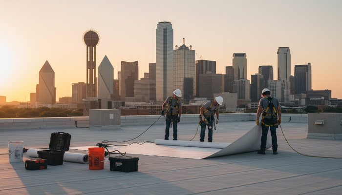 Three roofers in safety gear work on a large white membrane with the Dallas city skyline, including Reunion Tower, glowing at sunset. Roofers Installing Material on a Dallas Rooftop at Sunset