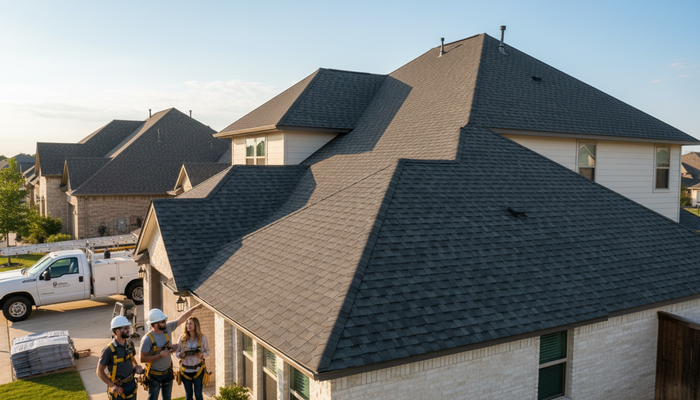 Three roofers in safety gear inspect a large dark gray shingle roof on a house, with a white truck and materials nearby. Roofing contractors inspecting a residential roof