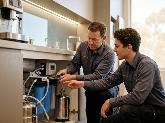 An experienced technician and a younger assistant install or service an under-sink water filter with blue cartridges and chrome tanks. Two technicians installing a water filtration system
