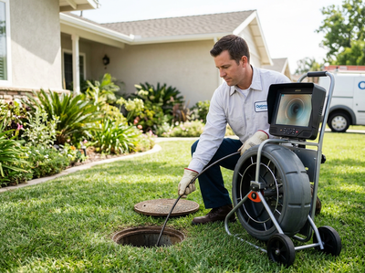 Plumber performing sewer camera inspection on residential property