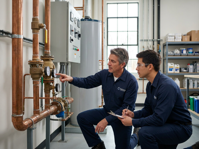 Two technicians inspecting industrial plumbing system