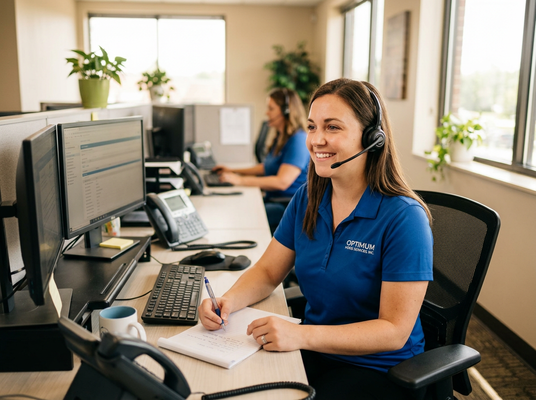 A cheerful woman wearing a headset and blue Optimum Home Services polo shirt smiles while writing notes at her computer workstation in an office. Smiling Customer Service Representative at Desk