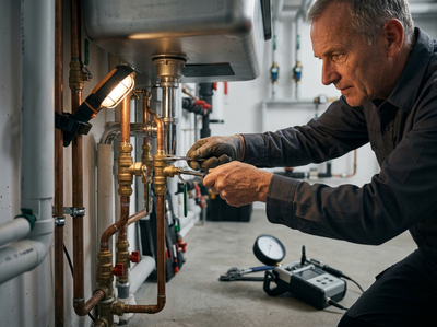 Plumber working on copper pipes under a sink