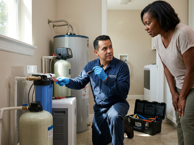 Technician inspecting home water filtration system with homeowner