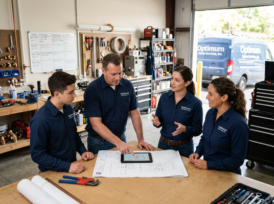 Four Optimum Home Services technicians in blue shirts review blueprints and a tablet in a workshop, with a company van in background. Optimum Home Services Team Discussing Project Plans