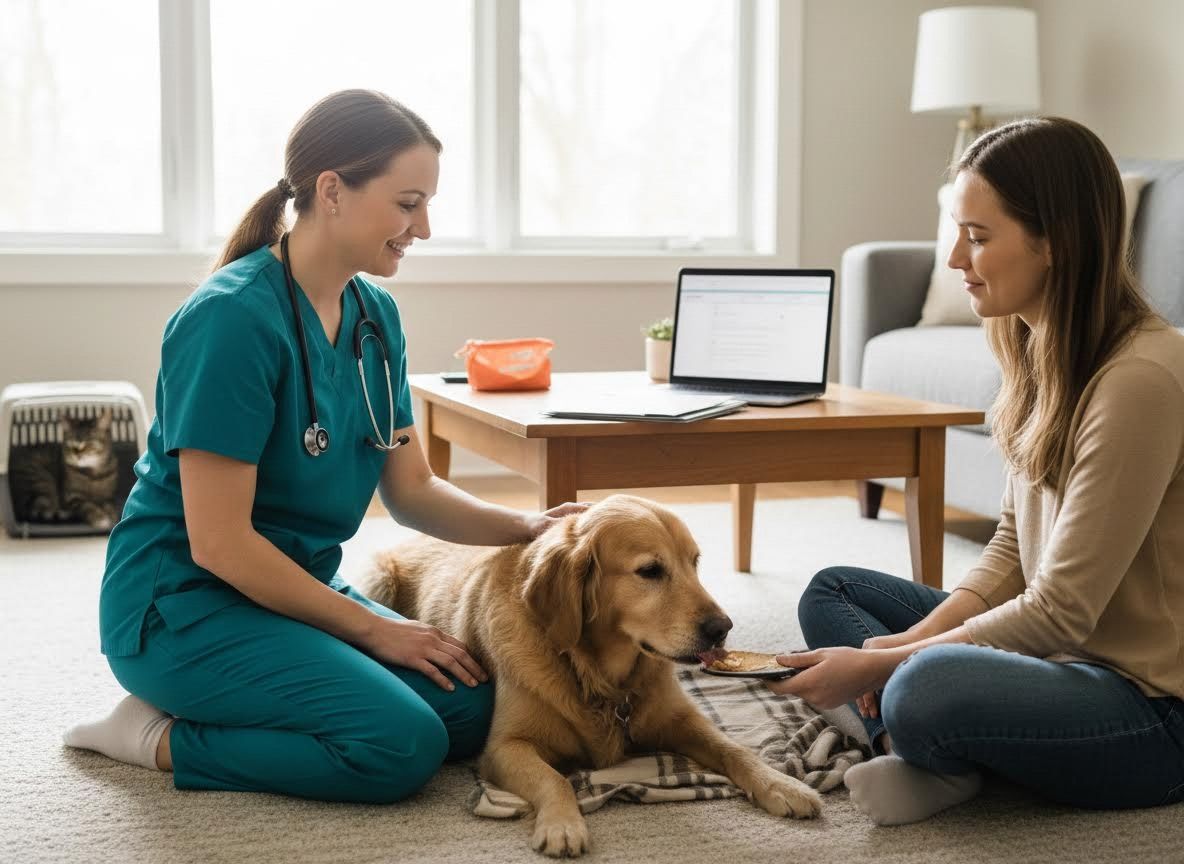 Veterinarian providing in-home care for a golden retriever and cat