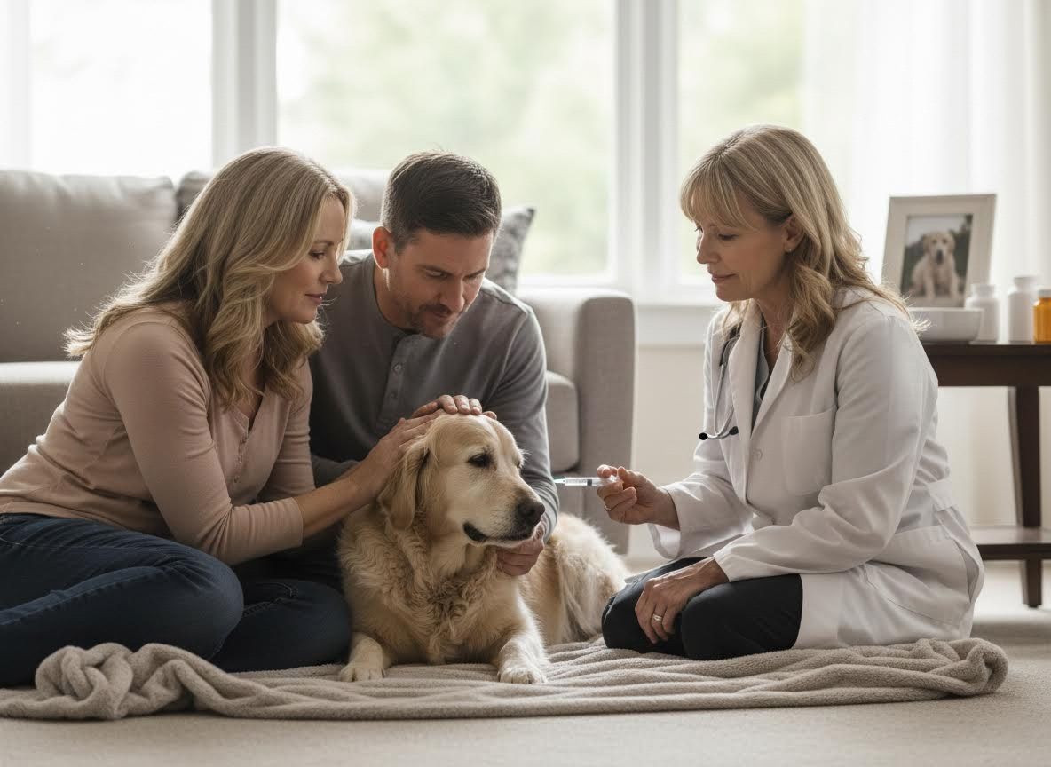 Veterinarian giving injection to Golden Retriever with owners