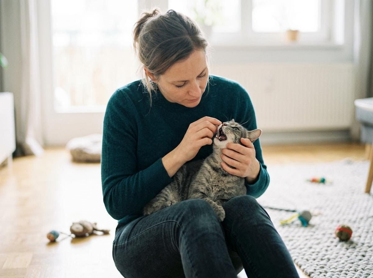 Woman Giving Medicine to Tabby Cat