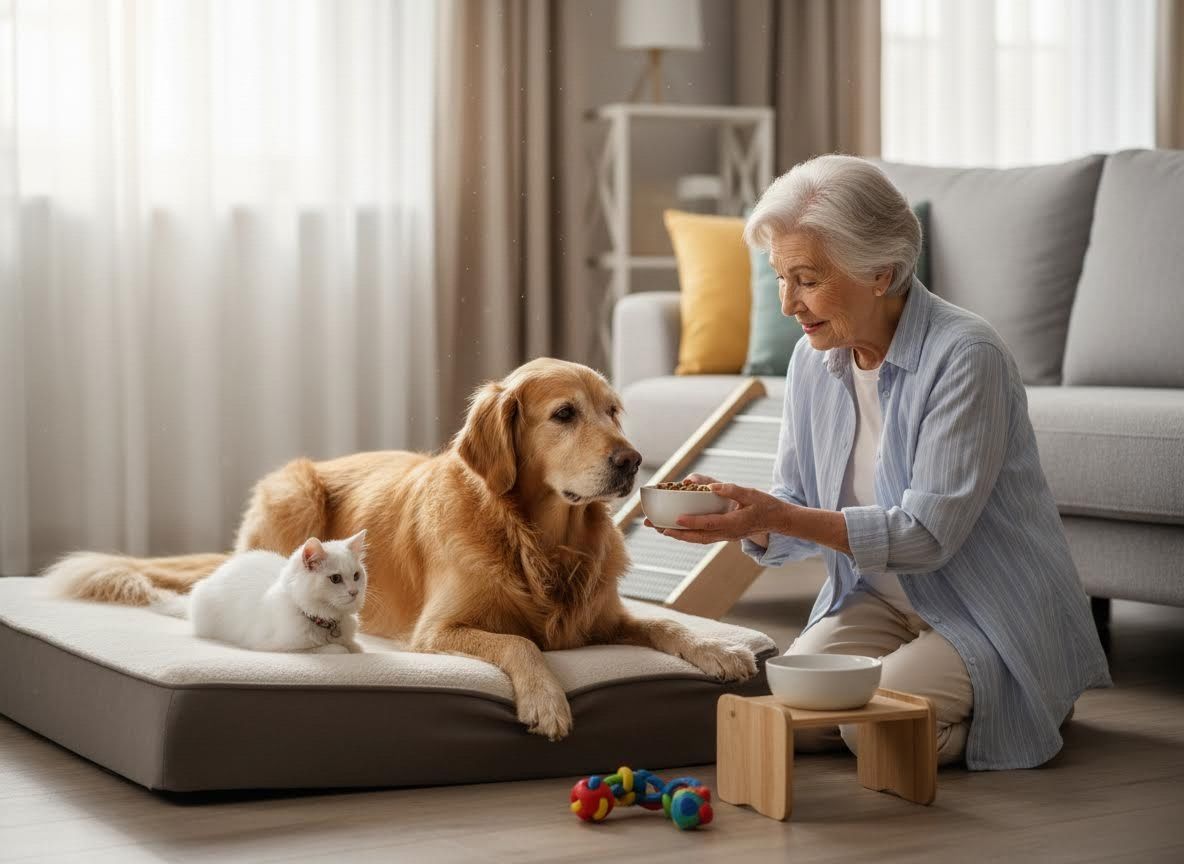 Elderly Woman Feeding Pet Dog with Cat Nearby