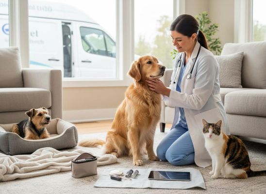 A female vet kneels, gently examining a Golden Retriever during a house call, with a small dog and cat nearby. Mobile veterinarian providing home care for pets