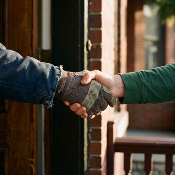 An electrician shaking hands with a homeowner 