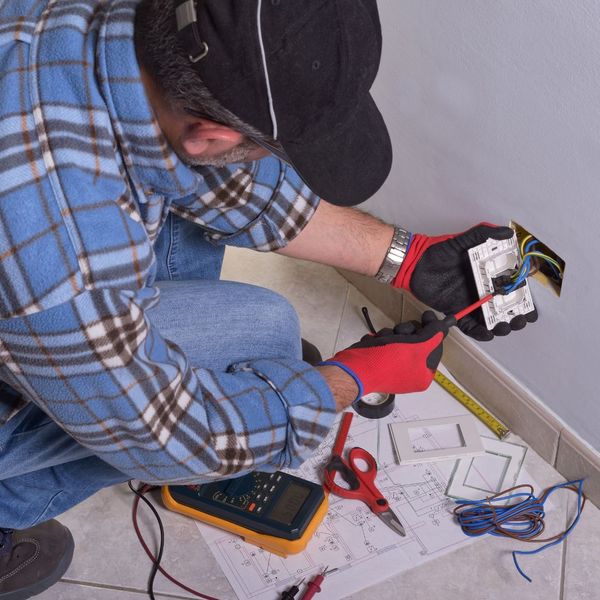 Electrician inspecting an electical outlet 