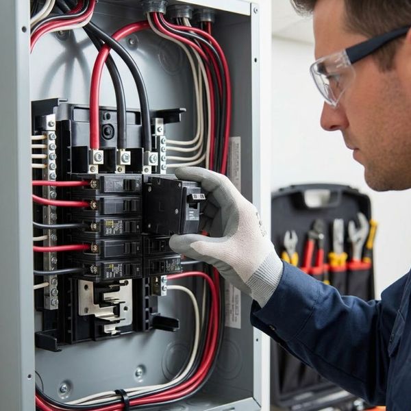 Electrician looking at a circuit breaker