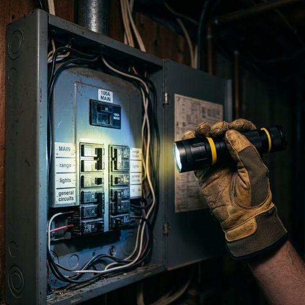 Electrician shining a flashlight on a circuit breaker in the dark