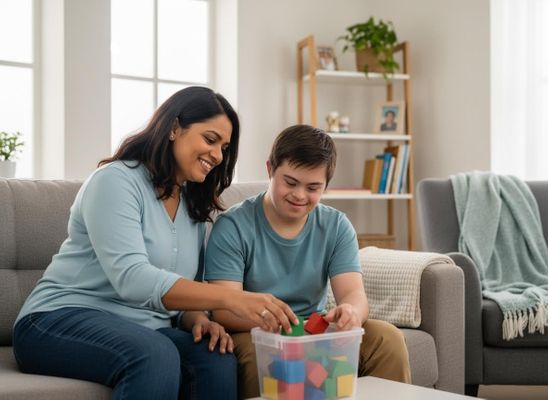 Woman and young man with Down syndrome playing with blocks