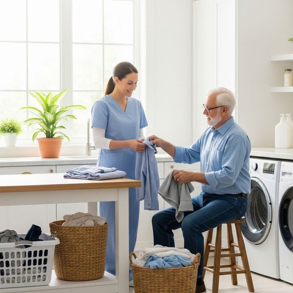 Caregiver helping a senior man do his laundry